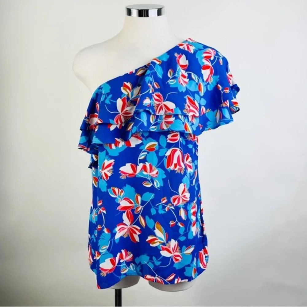 Rose + Olive Floral‎ Blue One Shoulder Flounce Top Size Small